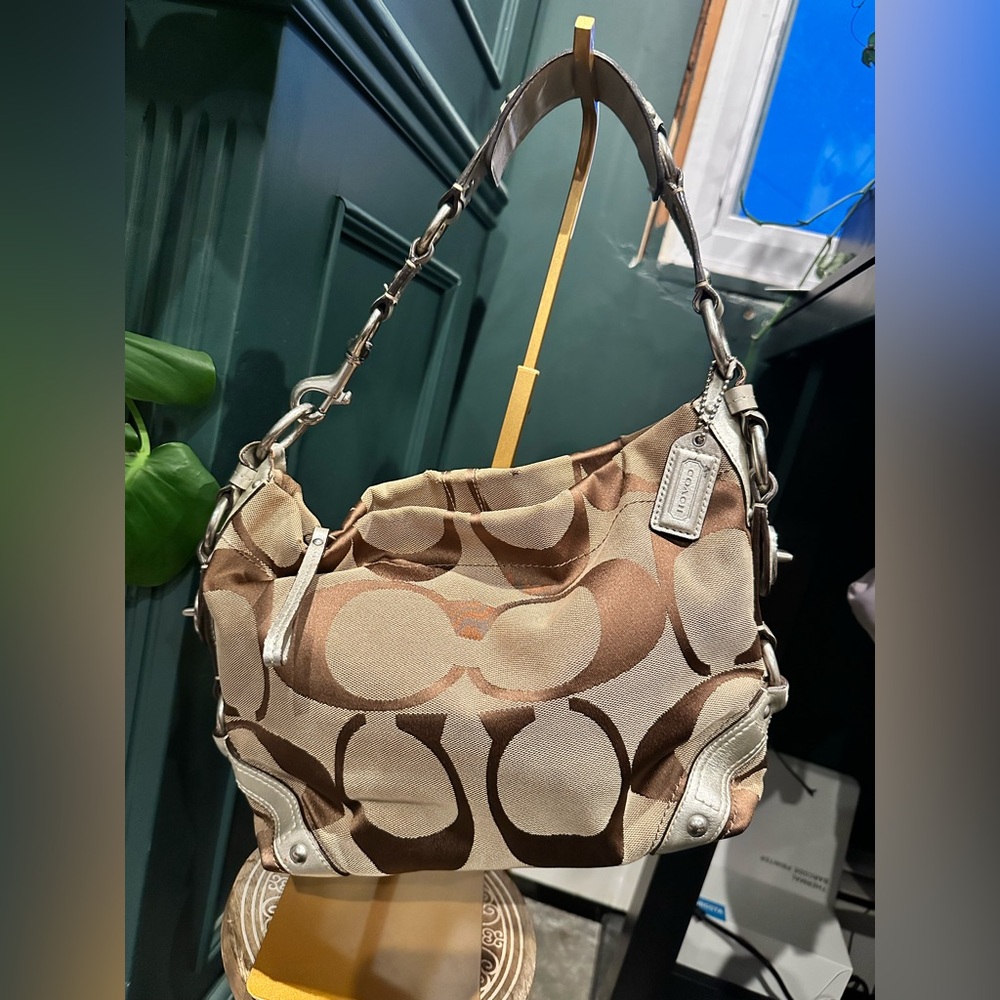 Coach Tan and Cream Carly Signature Hobo Bag